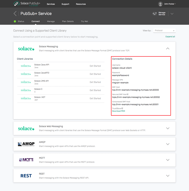 Screenshot: Messaging Connectivity Information